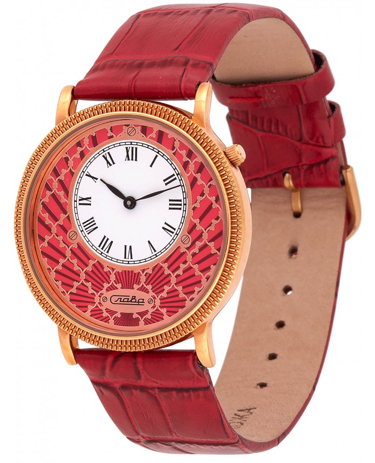 Слава Слава Браво 1343472/GL20  1343472/GL20 кварцевые мужские часы красный циферблат, браслет кожаный — вид спереди